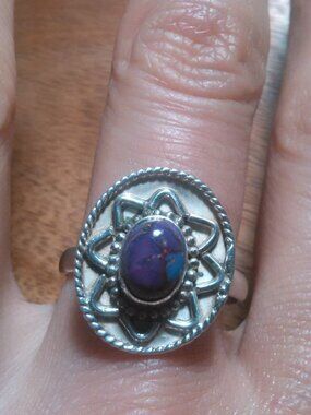 Purple Mojave Turquoise Sun Design Sterling Silver Ring (Size 10)